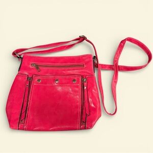 Bright Pink Faux Leather Crossbody Bag Zip Top Vegan Y2K Barbiecore